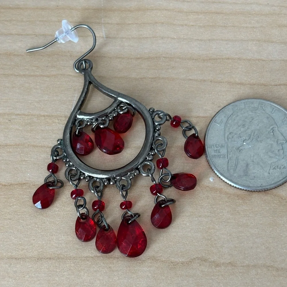 Crimson Red Chandelier Earrings with Teardrop Beads / silver tone wires - Picture 6 of 7